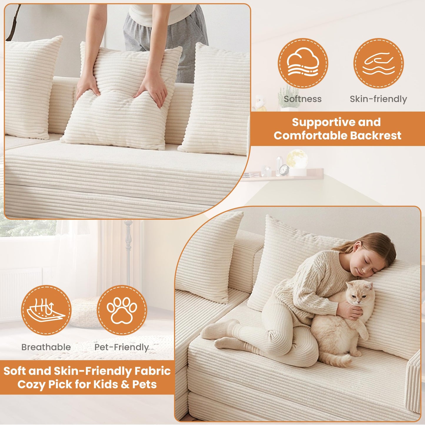 65" Boneless Couch,Convertible Sleeper Sofa Bed, Modular Sectional Sofa, Modern Tri-Folding Cloud Couch with L-Shape Chaise, Corduroy Futon Couches for Living Room Small Spaces Apartment,No Assembly
