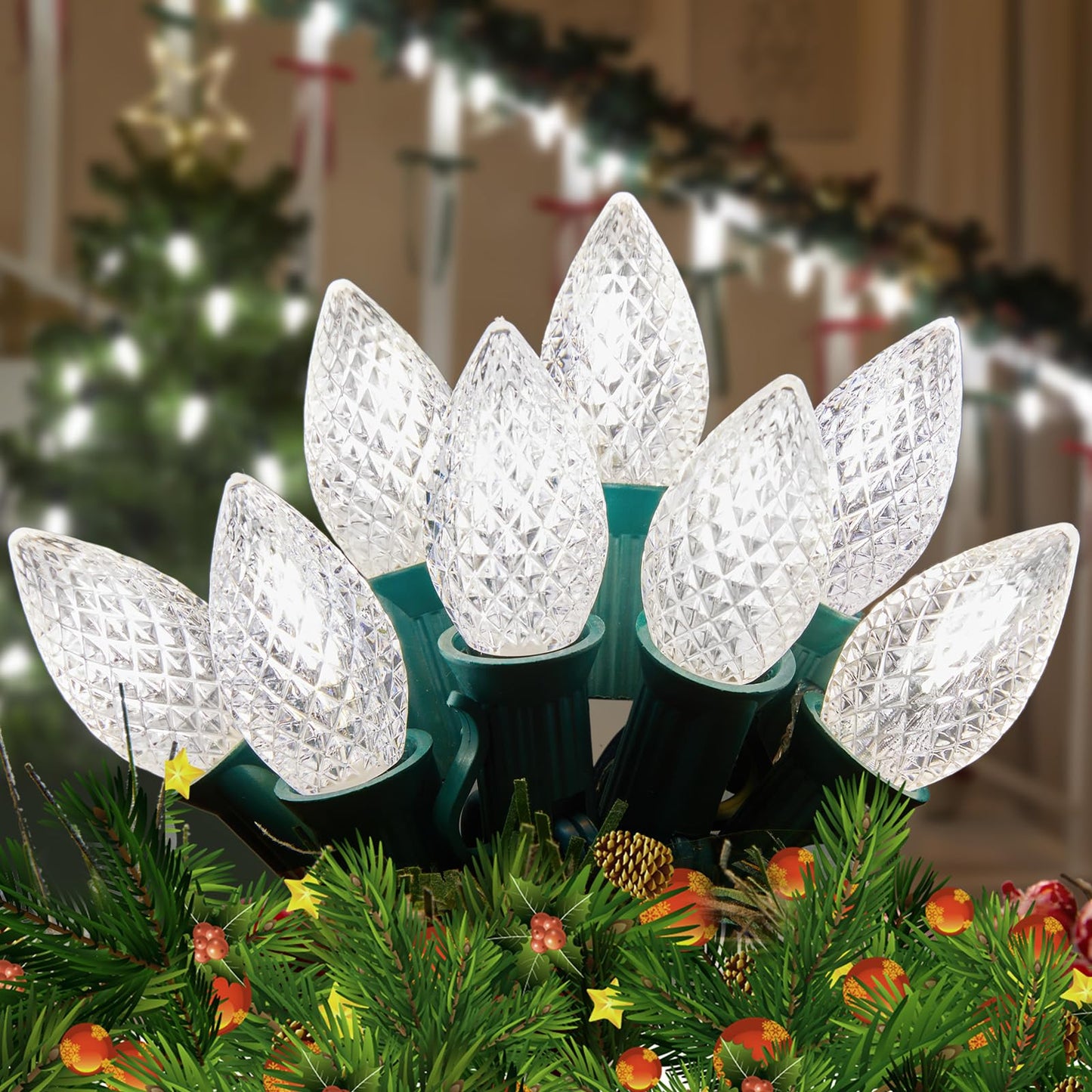Minetom C7 LED Christmas Light Bulbs, Dimmable, Shatterproof, 25 Count, Pure White