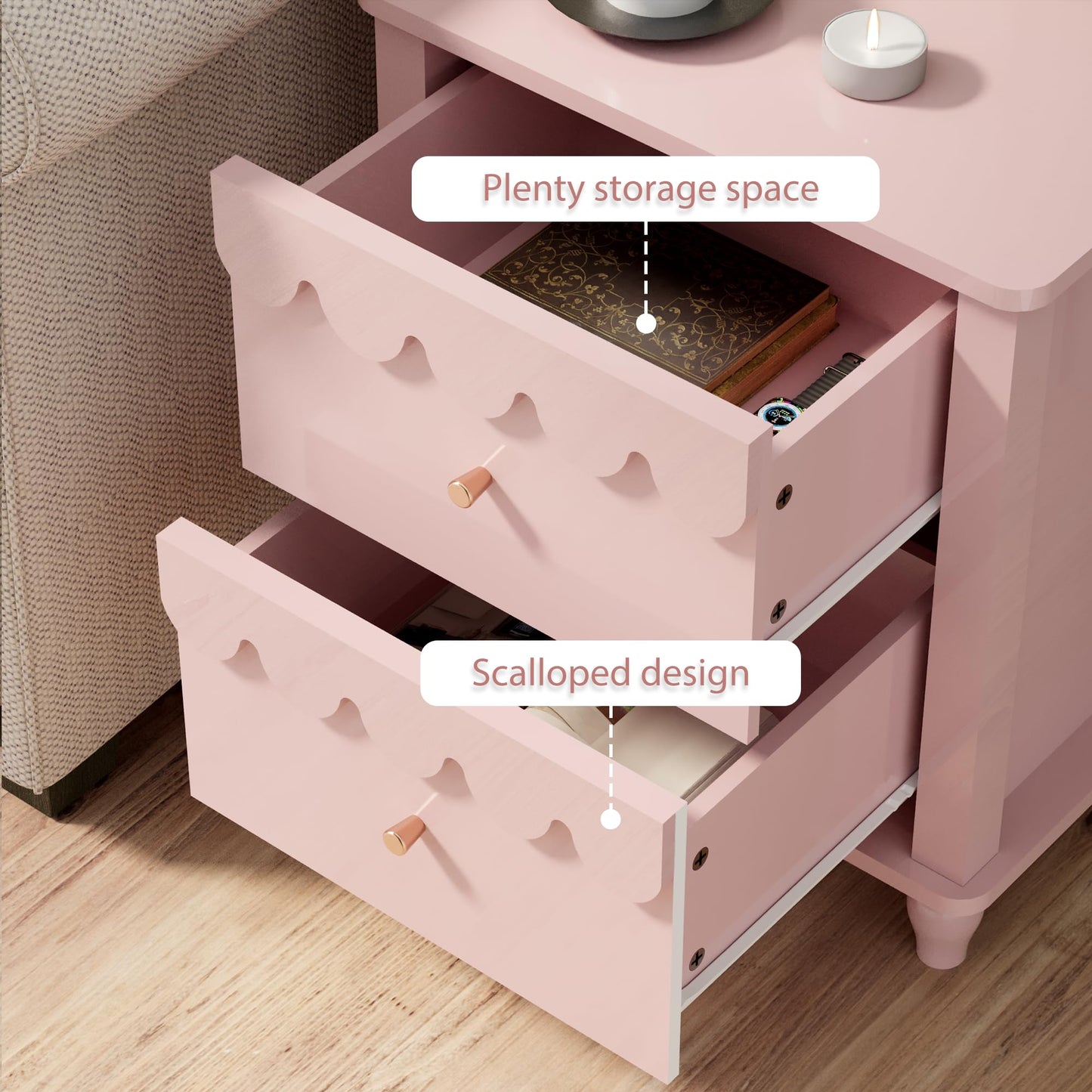 Anbuy Pink Nightstand Set of 2 with Petal Pattern, Modern Night Stand Set 2 with 2 Drawers for Bedroom, Side End Table Scalloped Bedside Night Tables with Solid Wood Legs