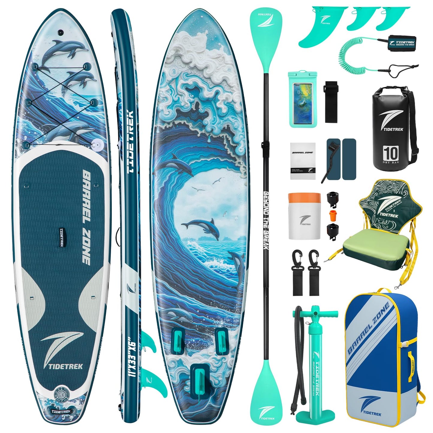 TIDETREK 11'/11'6" x 33"/34" x 6" Inflatable SUP Paddle Board – Extra-Wide, Stable Stand Up Paddle Board with Premium Full Accessory Set for Adults & Youth (Ocean Spirit/Kayak Seat, 11'x33 x6)