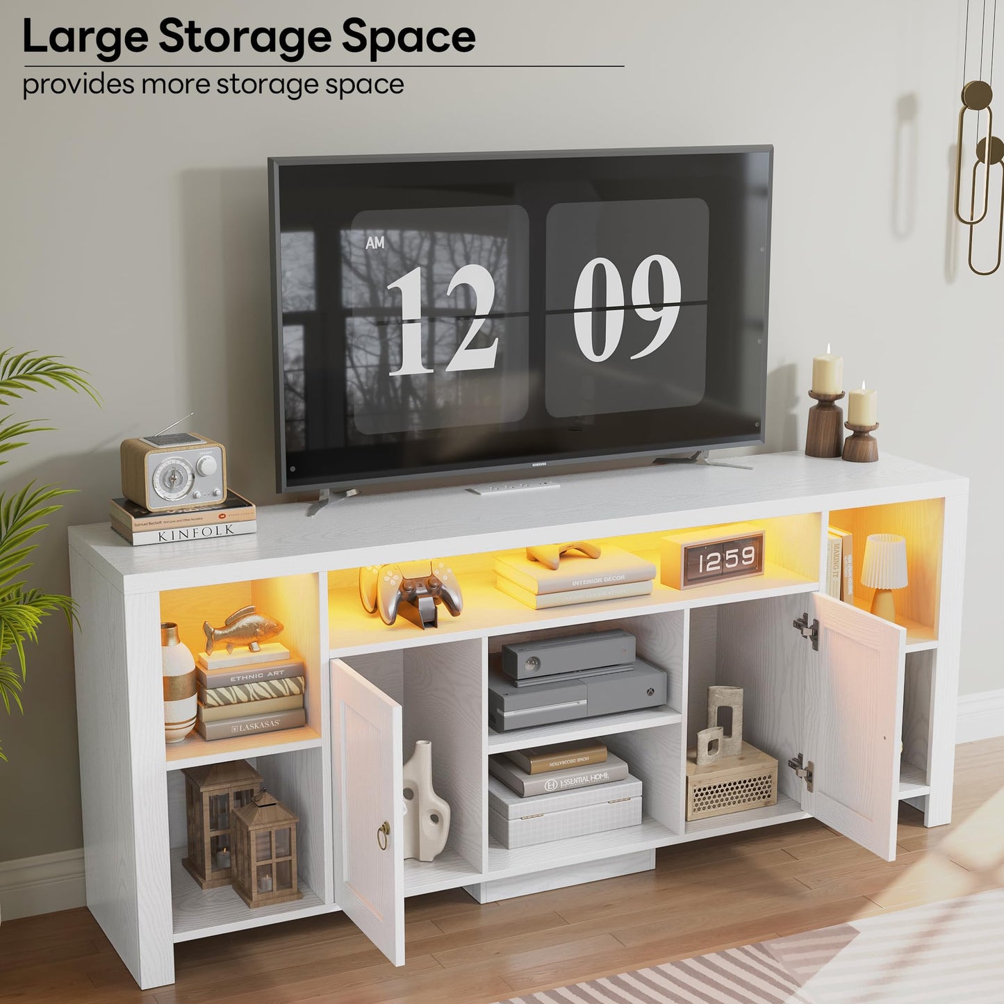 LIKIMIO TV Stand for TVs 80 inch with LED Lights & Power Outlet, Entertainment Center with Cabinets, Adjustable Shelves and Open Shelves, Modern Media TV Console Living Room, White