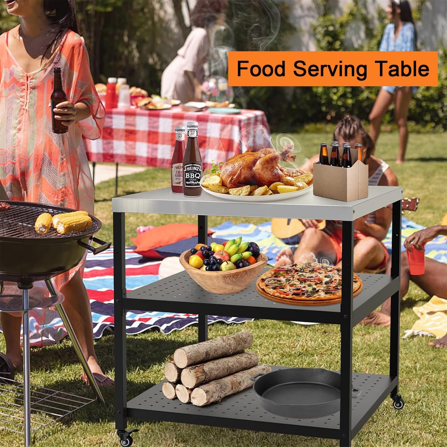 Mimiuo 31.5" Square Pizza Oven Stand – Heavy Duty Stainless Steel Table for Ooni, Blackstone, Ninja, Outdoor BBQ Cart with 3 Adjustable Shelves, Locking Wheels, Propane Tank Compatible 31.5x31.5x33 in