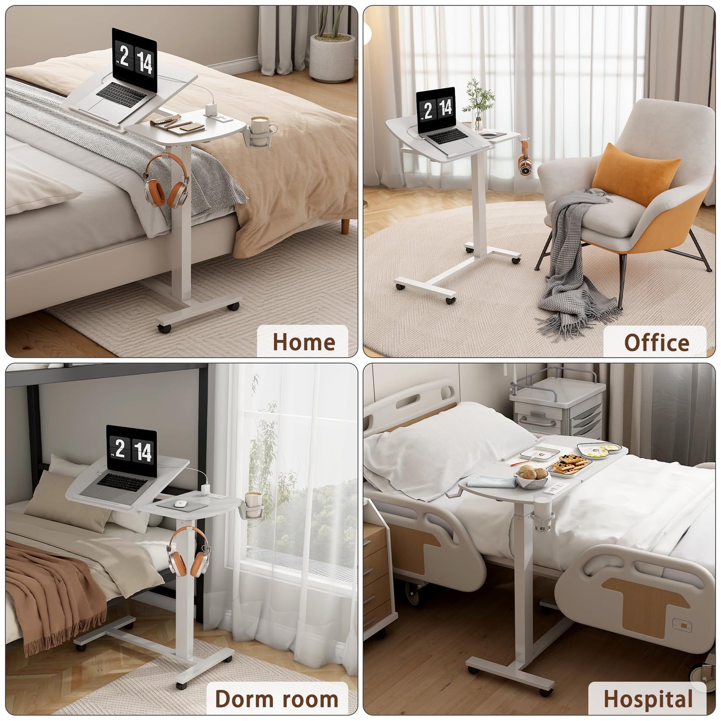 6 In 1 Overbed Bedside Table with Wheels, 32'' Long 90° Medical Adjustable Tilt Hospital Bed Table, Standing Desk with Charging Station Cup Holder Hook, 30''-43'' Height Home Hospital Office (White)