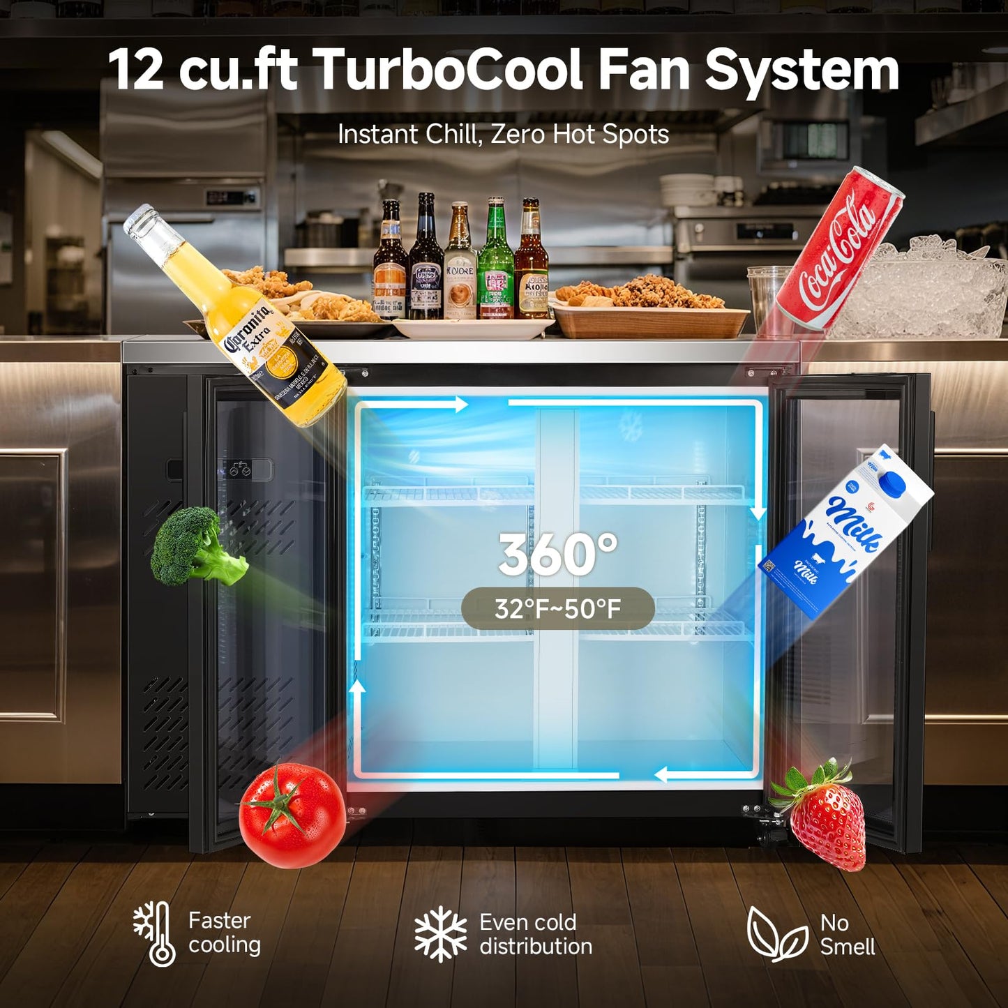 BODEGACOOLER Commercial Back Bar Cooler with 2 Glass Doors,12 Cu.Ft Stainless Steel Commercial Counter Height Bar Refrigerator,Display Drink Beverage Beer Fridge LED Lighting,SUS304 Top,4 Casters