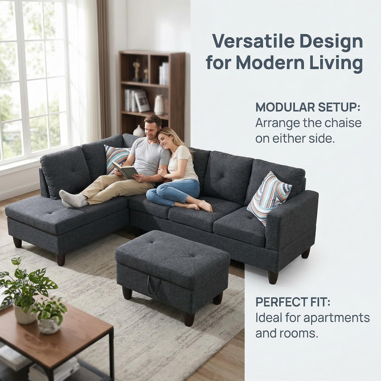 NicBex Sectional Couch 3 Pieces Sofa Set, L-Shaped Modular Couches for Living Room, Furniture Sets with Lounge Chaise & Storage Ottoman, Multi-Scene Use for Apartment & Office, Black Grey
