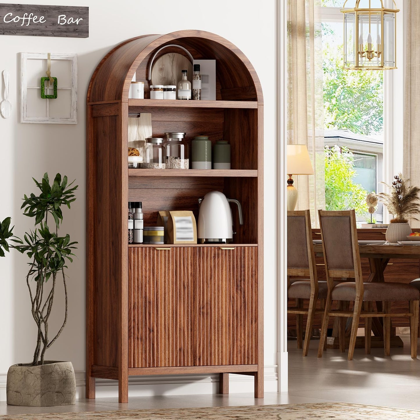 Ieejdn 71" Tall Arched Kitchen Pantry,Modern Fluted Wood Storage Cabinet with Doors,Adjustable Shelves,Organizer, Versatile Cupboard for Kitchen,Living Room,Dining Room,Bathroom,Walnut3