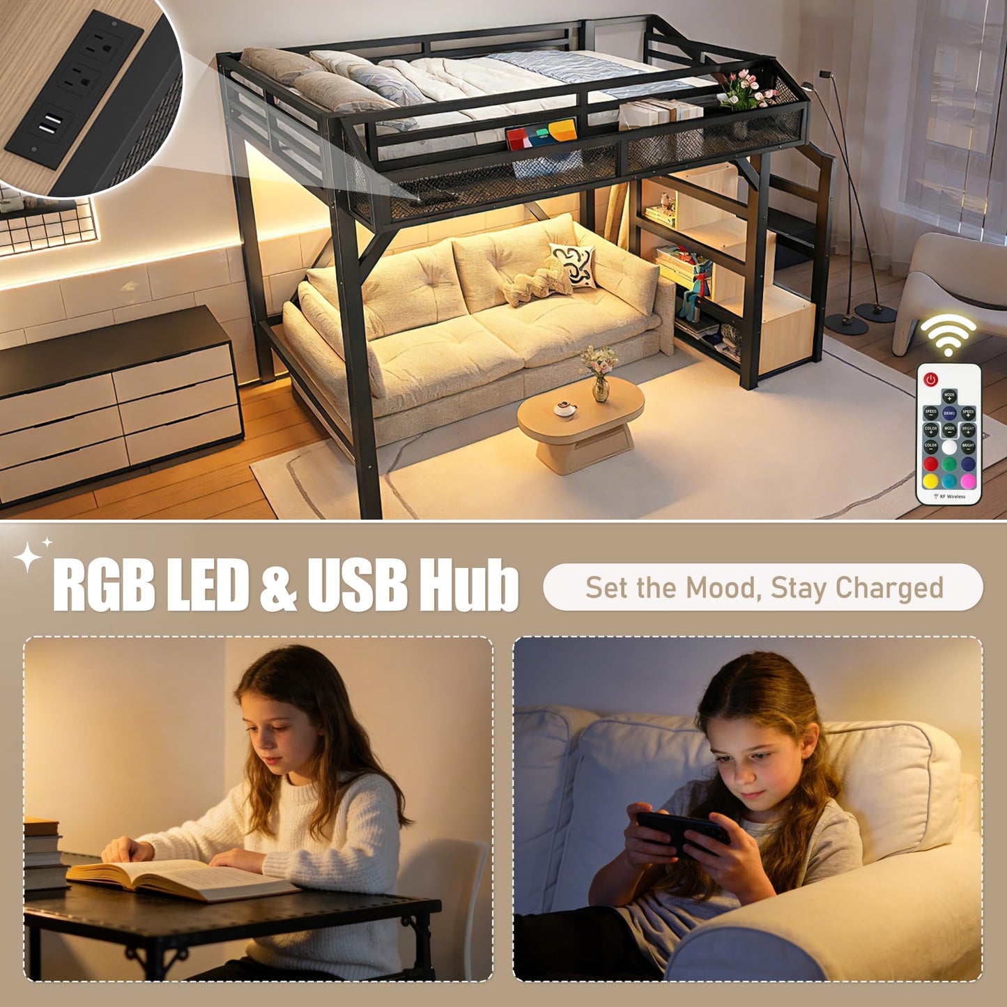 Bellemave Twin XL Loft Bed Frame with Storage Stairs, Beside Shelf & Wardrobe, Metal Loft Bed Twin XL with USB Ports & LED Light, Large Under-Bed Space Loft Beds for Adults, Teens, Kids, Black Natural