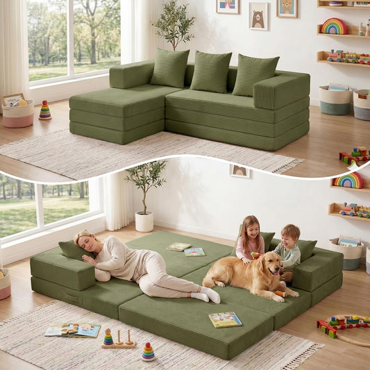 65" Modular Sectional Sofa, Boneless Convertible Sleeper Sofa Bed, Modern Tri-Folding Cloud Couch with L-Shape Chaise, Corduroy Futon Couches for Living Room Small Spaces Apartment,No Assembly,Green