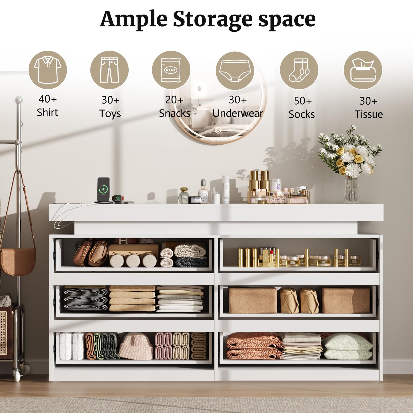6 Drawer Dresser for Bedroom, White Dresser with LED Lights, Sliding Desktop and Power Outlet, Modern Wood Chest of Drawers for Closet, Organizer Cabinet for Bedroom, Living Room, Entryway, Hallway