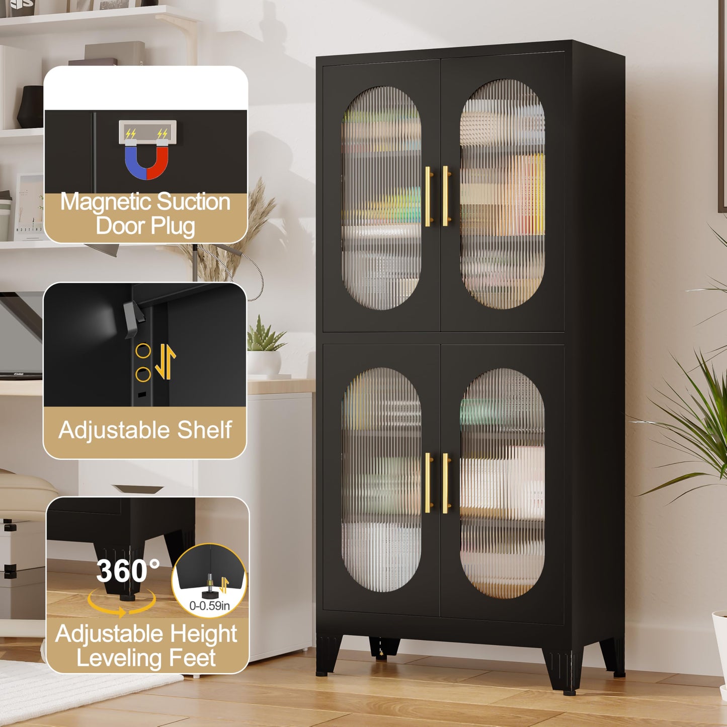 GAIOUS 63" Tall Steel Corner Cabinet, Metal Storage Cabinets with 4 Doors and 3 Shelves, Pantry Cabinets with 6 Door Panel Shelves, Farmhouse Cupboard for Kitchen Dining Room Hallways, Black