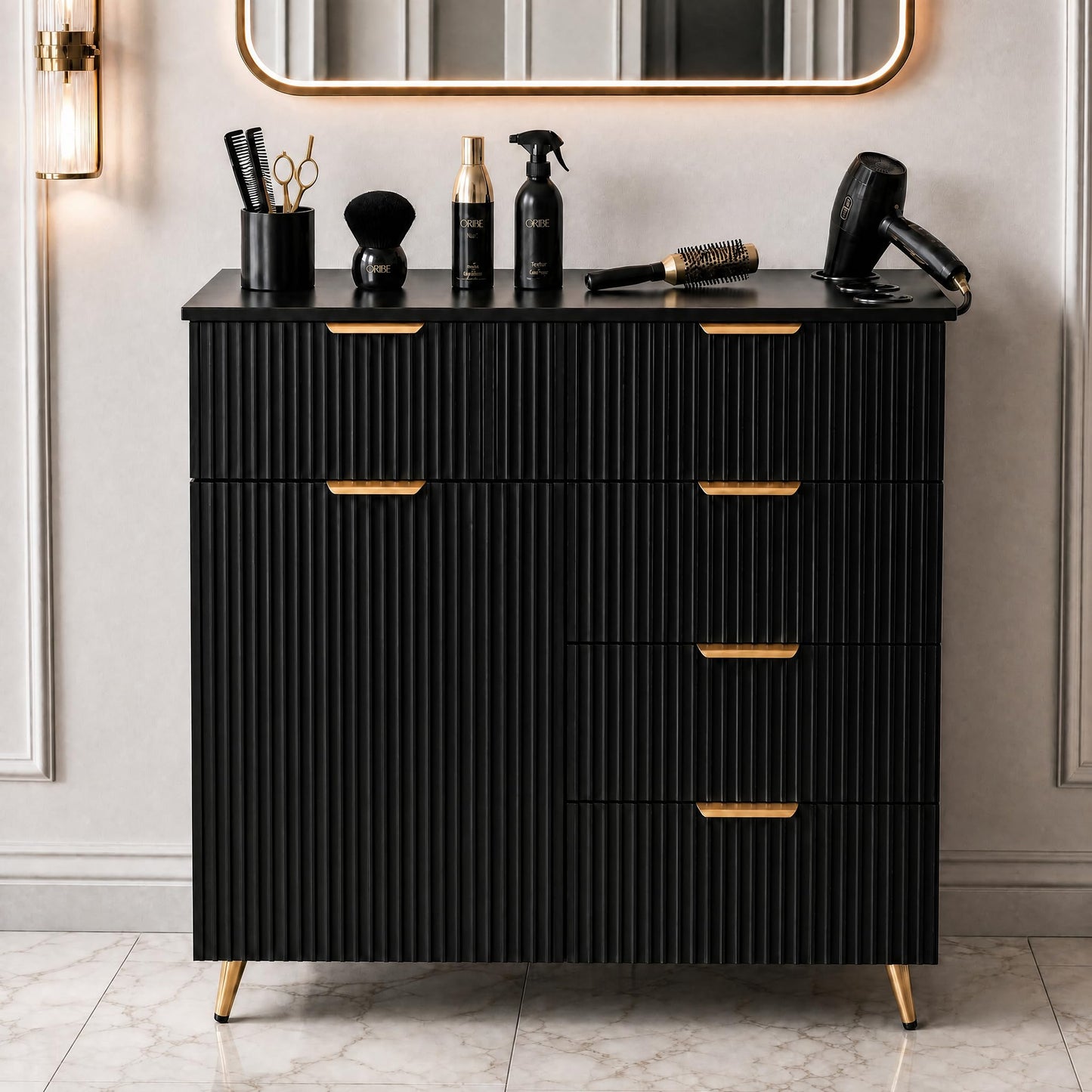 Merax Barber Salon Station with Fluted Design, Gold Metal Legs & Handles, Multi-Zone Storage, 3 Hair Dryer Holders & Barber Storage Cabinet, 5 Drawers, Easy Assembly for Salons Barber Shop, Black