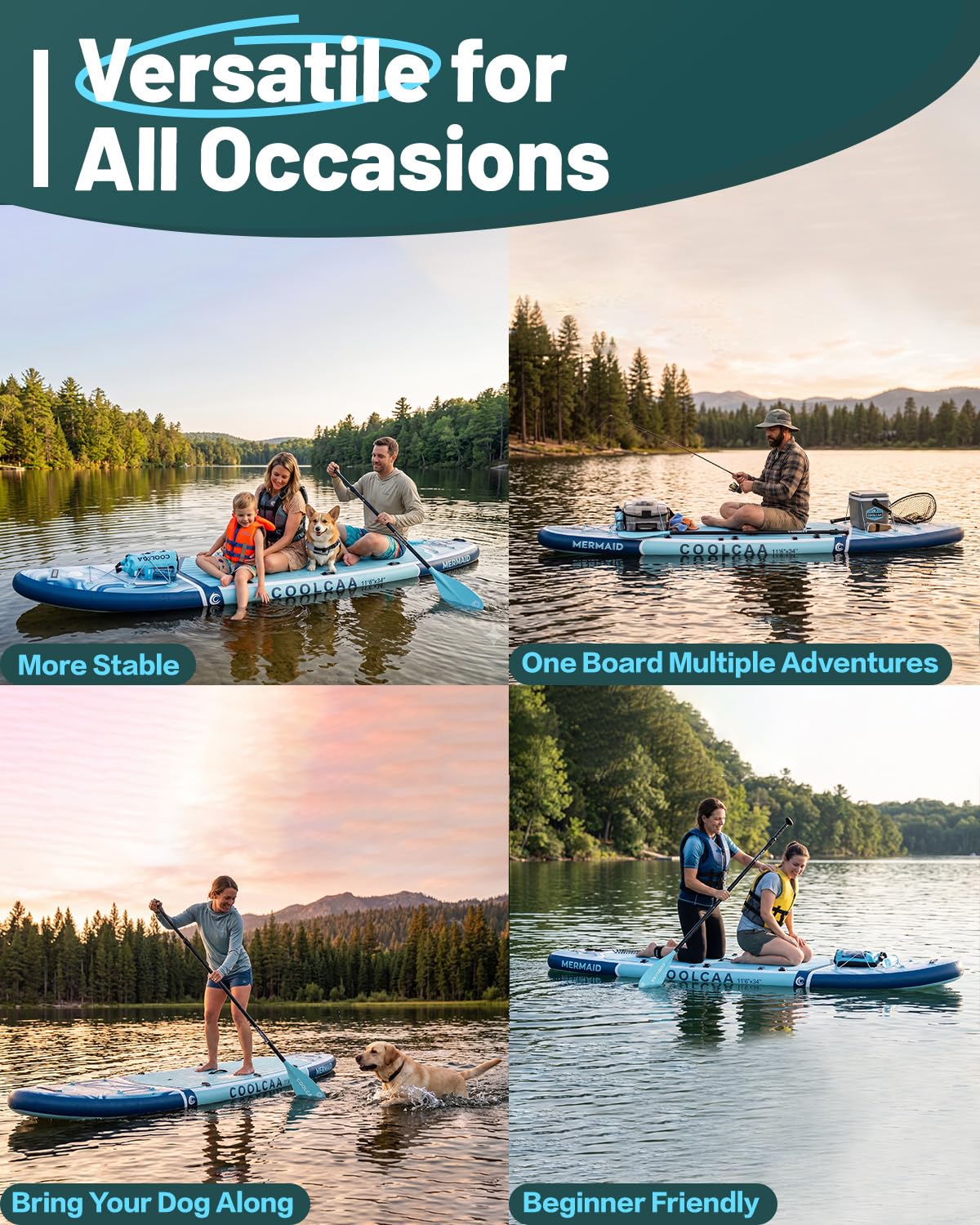 COOLCAA Mermaid 11'6" Inflatable Stand-Up Paddle Board, 490Lbs Capacity SUP Board with 34'' Extra Wide, Fishing Paddleboard with Accessories & Bag for Adults Youth (Ocean Stream)