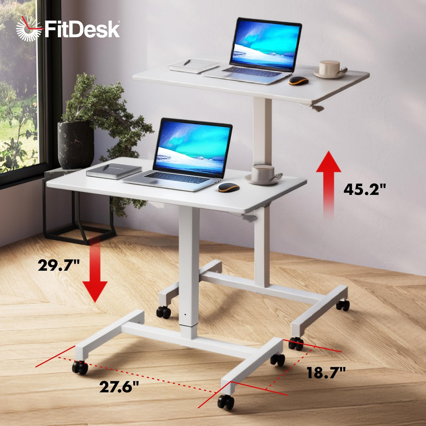 FitDesk Portable Laptop Desk, Rolling Standing Workstation Adjustable Height, Compact Standing Table with Large Surface, Small Stand Desk for Home Office, 30 lb Weight Limit, White, 27" Tabletop