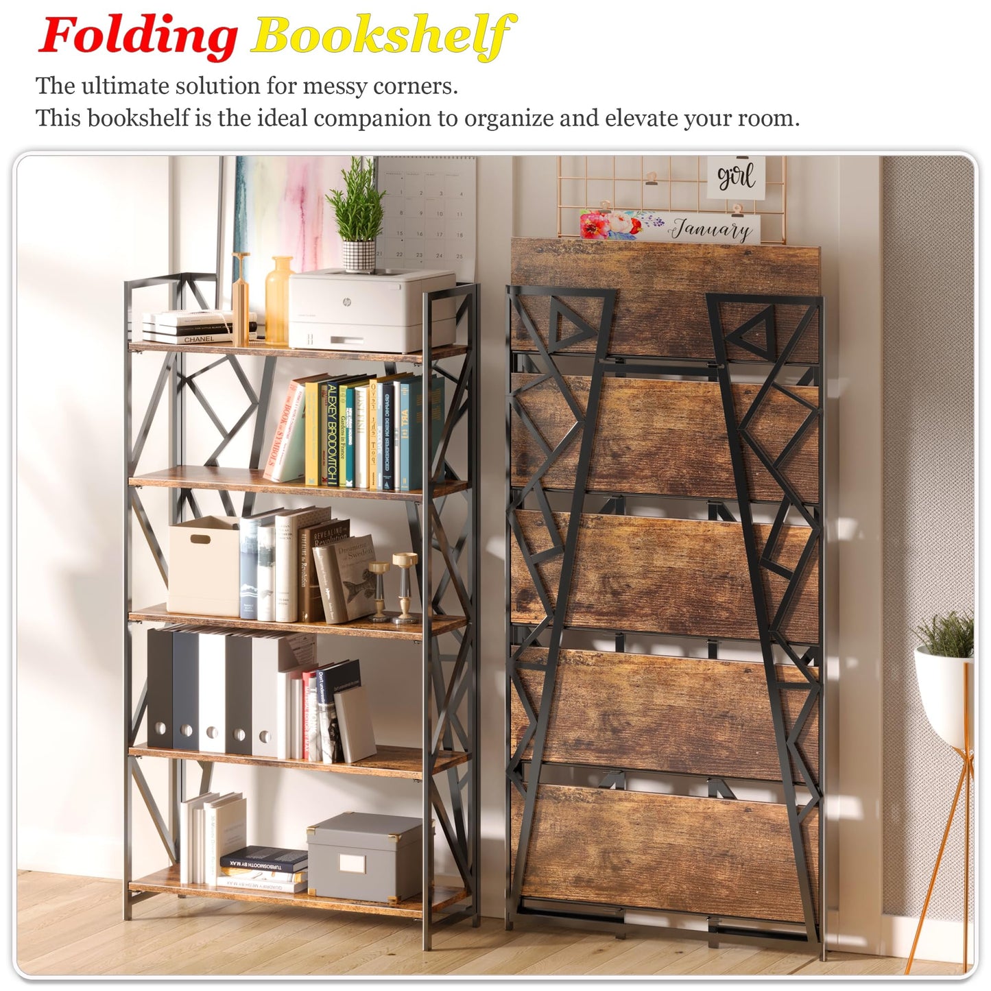 UDD No Assembly Wide Folding Bookshelf, 64.3" H x 30.9" W, 5 Tier Foldable Book Shelf Industrial Bookcase, Vintage Collapsible Storage Shelves for Home Office Living Room Bedroom, Rustic Brown Black