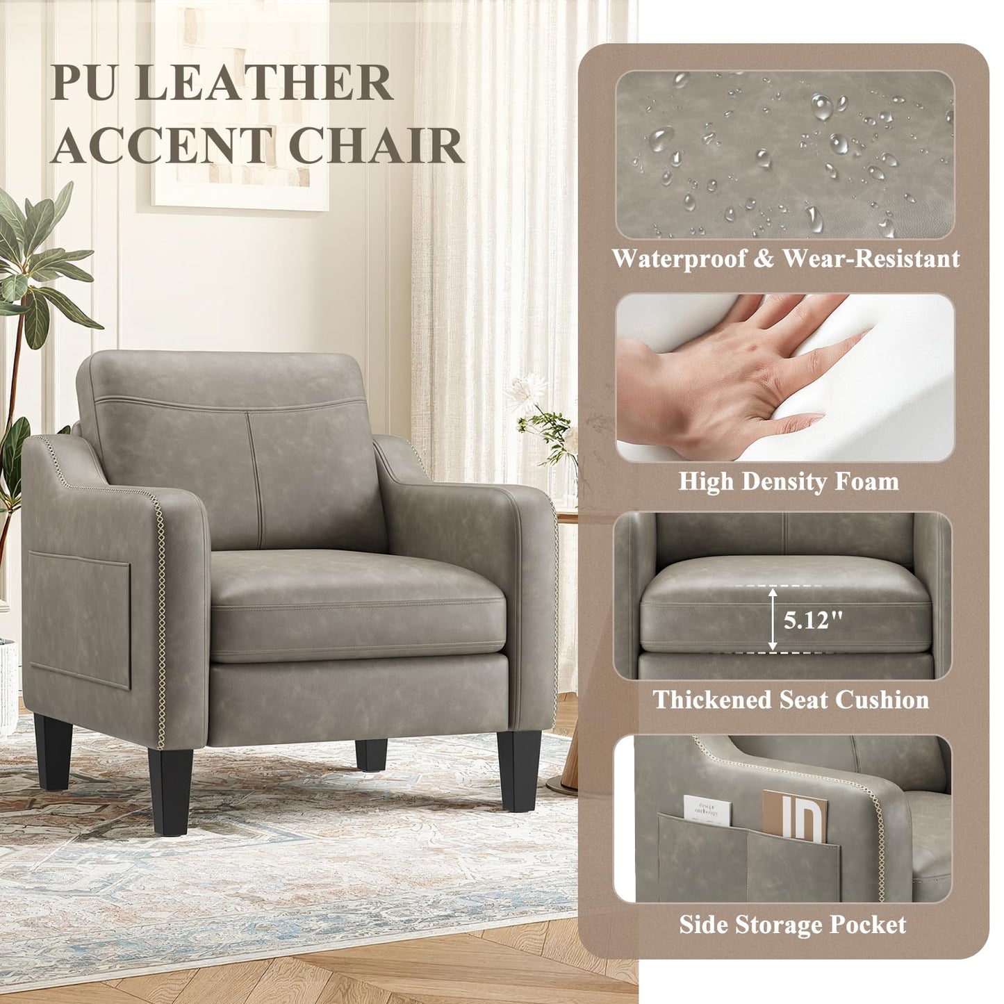 MALOL PU Leather Accent Chair Set of 2, Mid-Century Modern Living Room Armchair Sofa with Removable Cushions, Solid Wood Frame & Stitched Armrest Design, Bedroom Chair with Plastic Legs, Grey