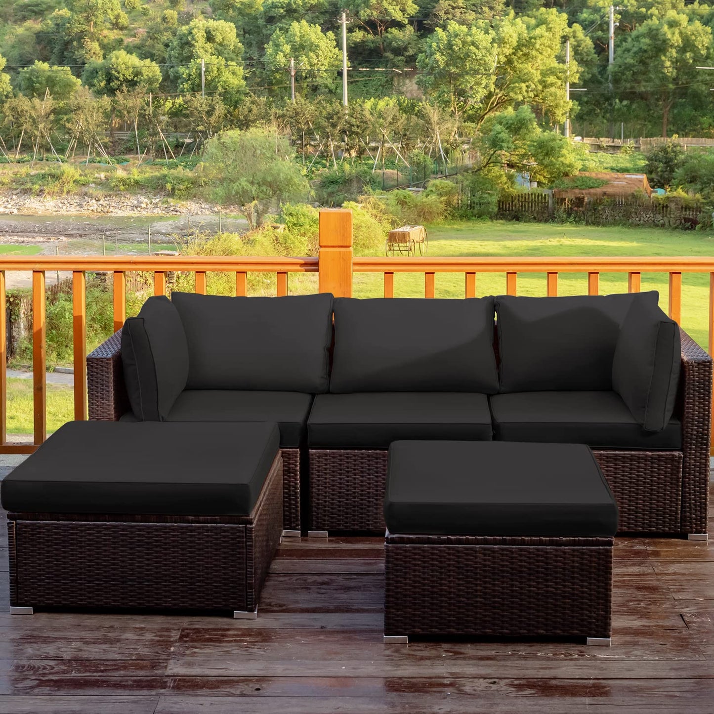 Tangkula 5 Piece Patio Rattan Furniture Set, Outdoor Sectional Rattan Sofa Set with Back & Seat Cushions, Wicker Conversation Set with Tempered Glass Table for Backyard Porch Poolside (Black)