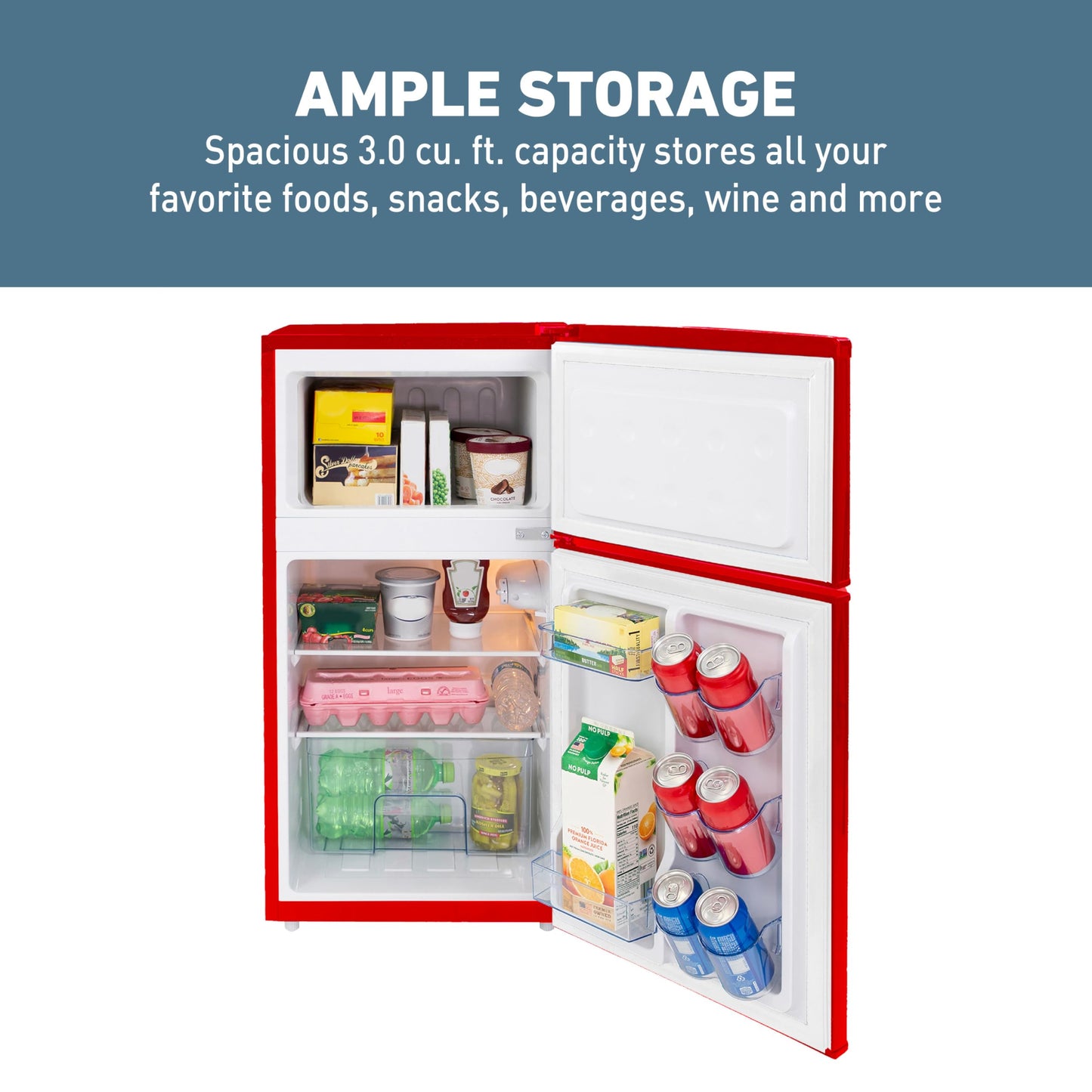 West Bend Mini Fridge with Freezer Retro-Styled for Home Office or Dorm, Features Dual Doors Removable Glass Shelves Manual Defrost and Mechanical Adjustable Temperature Control, 3.1-Cu.Ft, Red