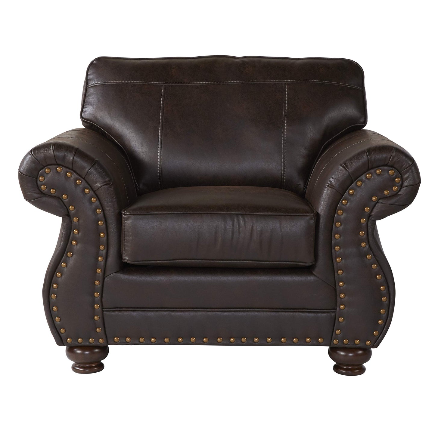 Roundhill Furniture Leinster Fabric Upholstered Nailhead 3-Piece Livingroom Set, Sofa, Loveseat, and Chair Set, Espresso
