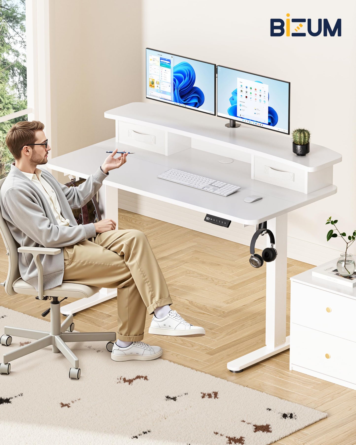 BIZUM Standing Desk with 2 Drawers Computer Desk-Stand up Desk Home Office Gaming Memory Desks C-Clamp Mount Compatible, 48x24 Inch White