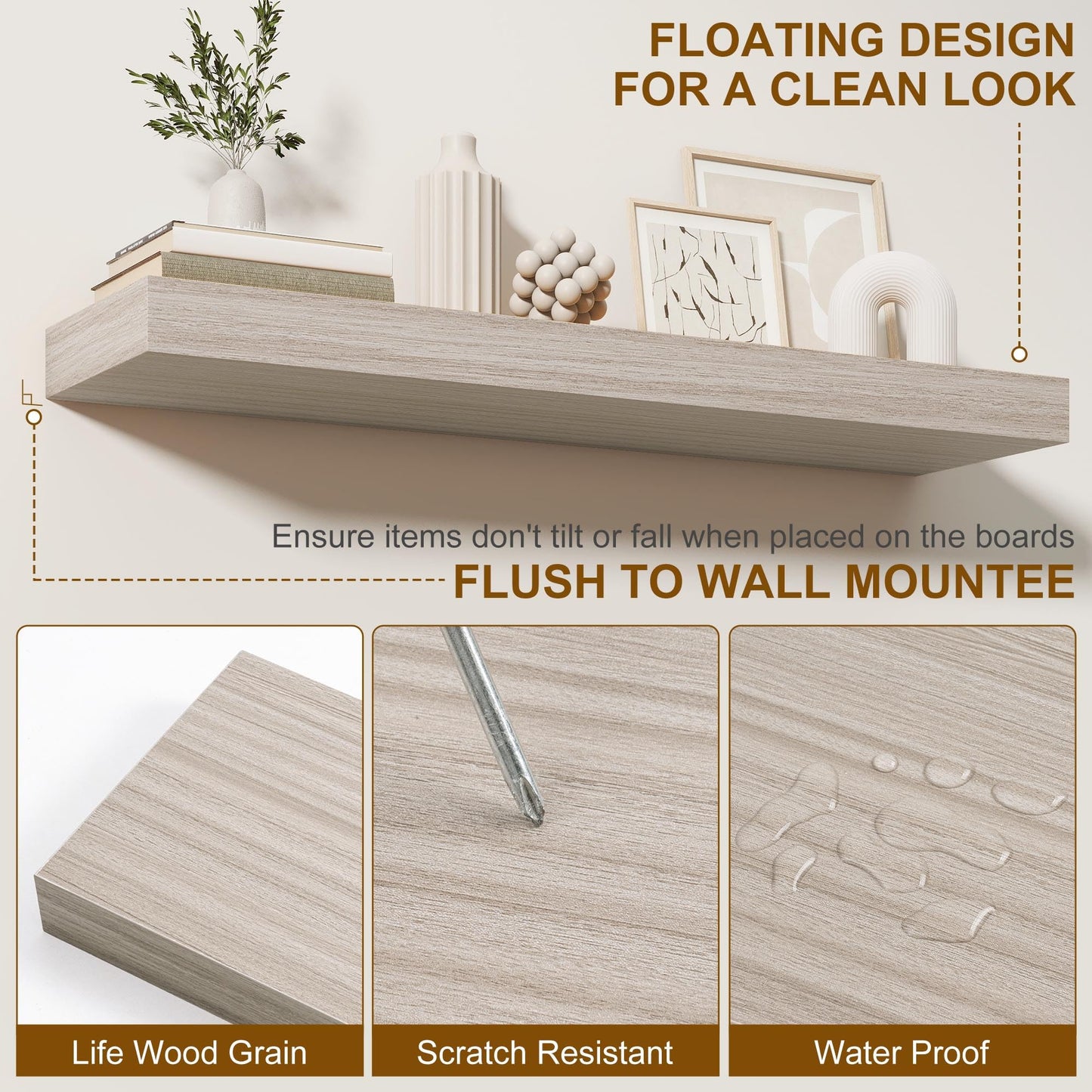 Fun Memories 72 Inch Floating Shelves, Wall Mounted Rustic Wood Floating Shelf with Invisible Brackets for Storage & Decor, 2 Pack Shelves for Bathroom,Bedroom and Kitchen, Grey