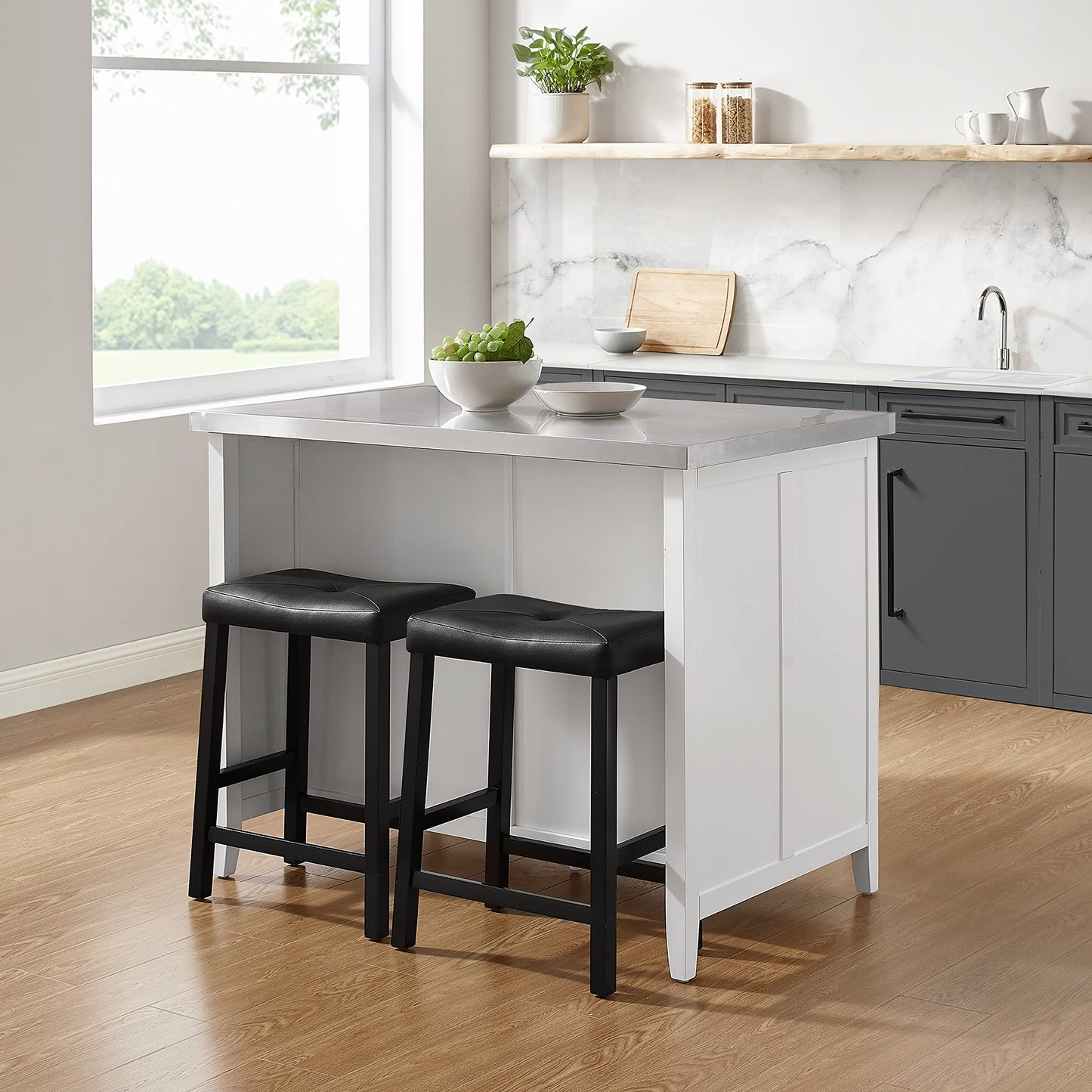 Crosley Furniture Silvia Stainless Steel Top Kitchen Island, Coffee Bar, with a Set of 2 Upholstered Saddle Stools, White/Black