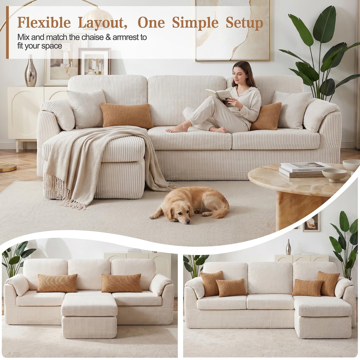 Vongrasig Boneless Convertible Sectional Sofa Couch, 3 Seat L Shaped Sofa with Removable Pillows Plush Corduroy Fabric Small Couches for Living Room, Apartment and Office, White