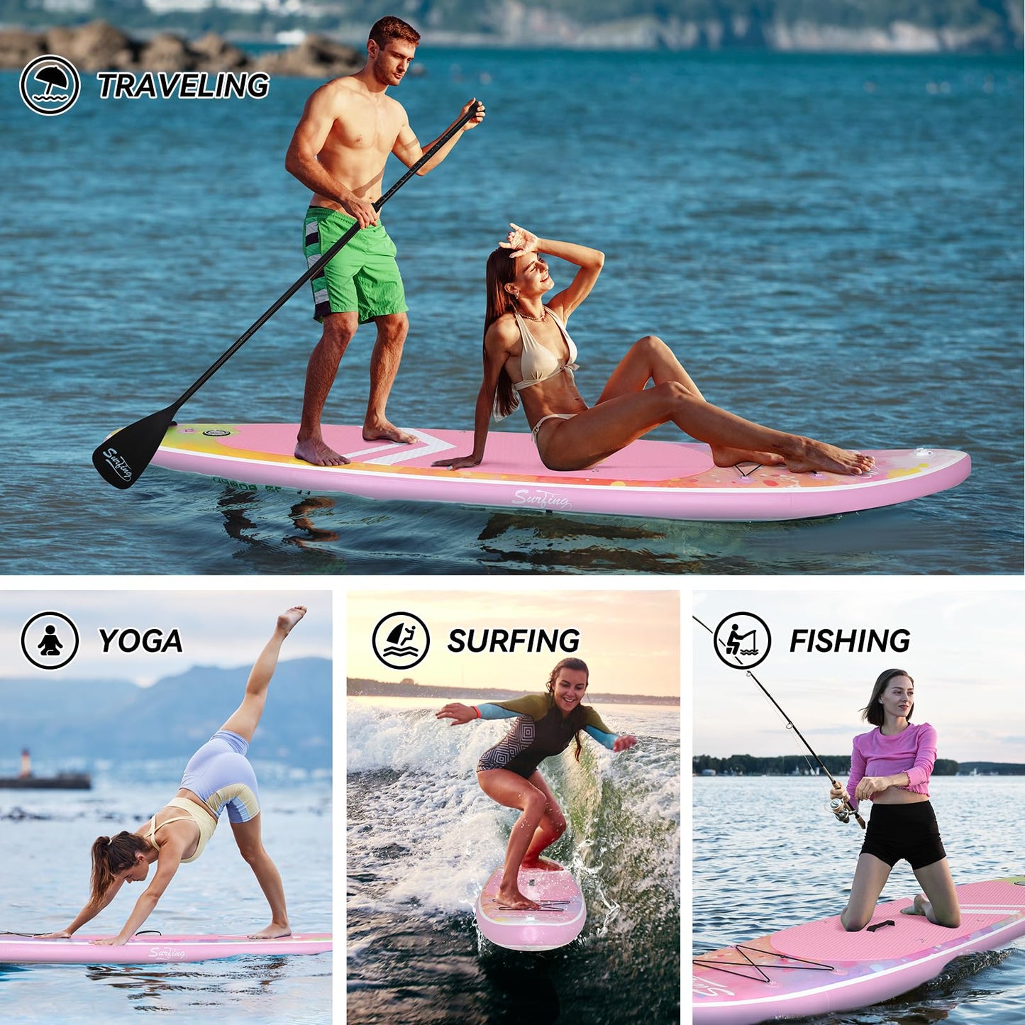 YUSING 11' Inflatable Stand Up Paddle Board, SUP Paddle Board, Portable Standing Board for Youth & Adult (Pink)