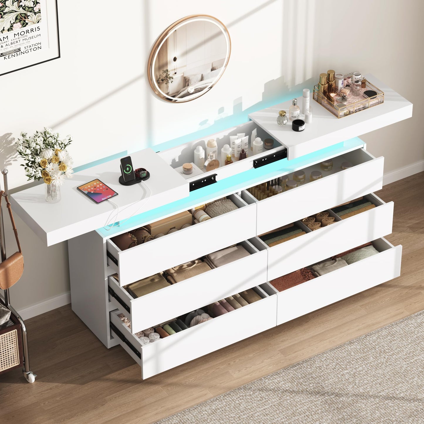 6 Drawer Dresser for Bedroom, White Dresser with LED Lights, Sliding Desktop and Power Outlet, Modern Wood Chest of Drawers for Closet, Organizer Cabinet for Bedroom, Living Room, Entryway, Hallway