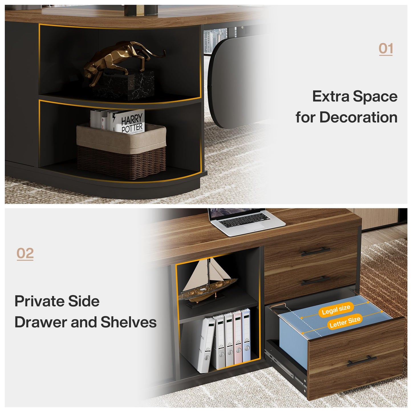 Tribesigns 80'' L-Shaped Desk, Large Executive Office Desk with 55'' Drawers Cabinet, Modern Commercial Office Table with Storage Shelves, Business Furniture for Home Office, Brown & Black