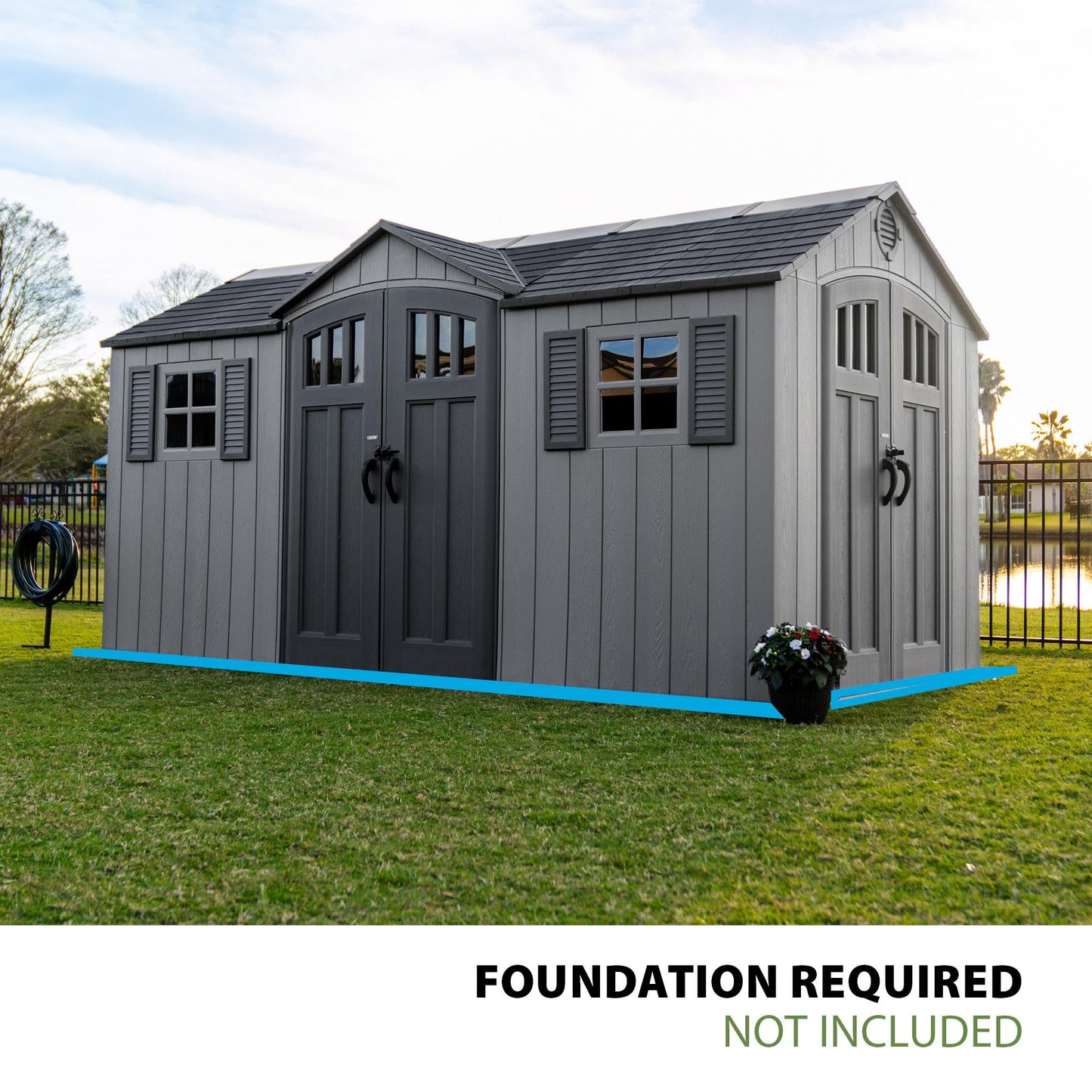 Lifetime Dual Entry Outdoor Storage Shed, 15 x 8 Ft, Steel‑Reinforced, UV‑Protected, Weather‑Resistant Backyard Garden Shed with Skylights, Windows & Shelving, Storm Dust