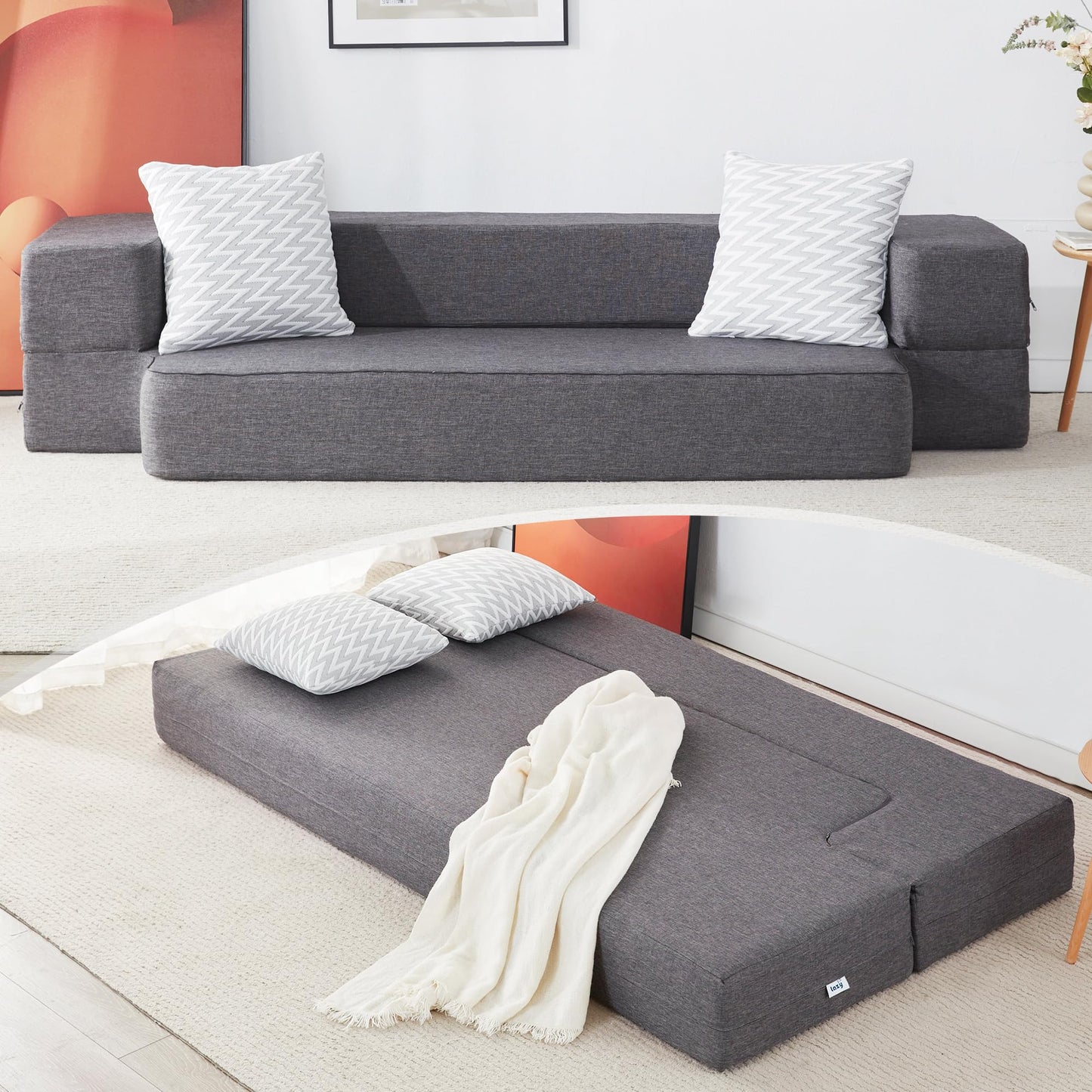 Lazyzizi Floor Sofa Bed, Convertible Sleeper Lounge Couch Folding Mattress with 2 Pillows & Washable Cover for Living Room, Guest, Playroom, Queen