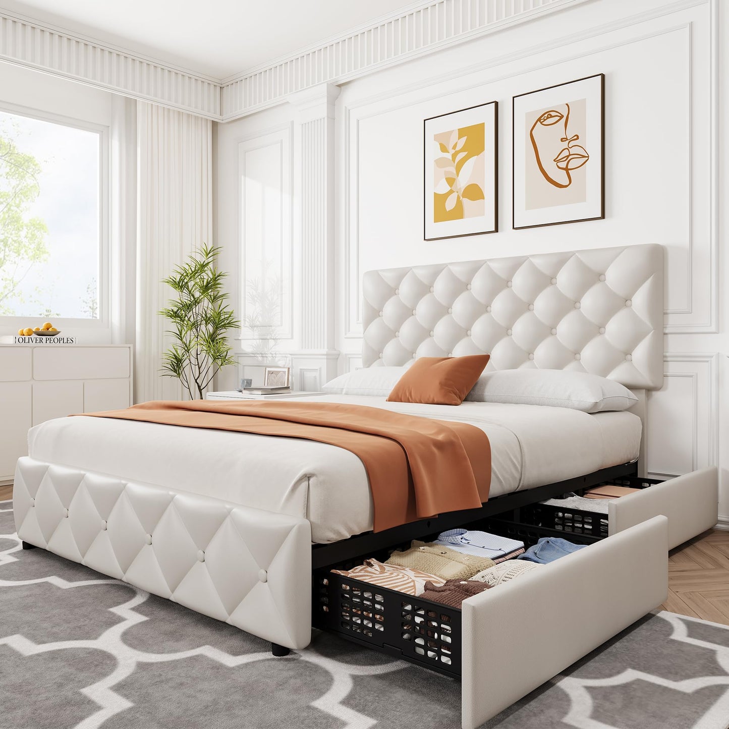 Garvee Queen Size Platform Bed Frame, Faux Leather Upholstered Bed Frame with Adjustable Headboard & 4 Drawers, Modern Bed Frame, Wooden Slats Supports, No Box Spring Needed, White