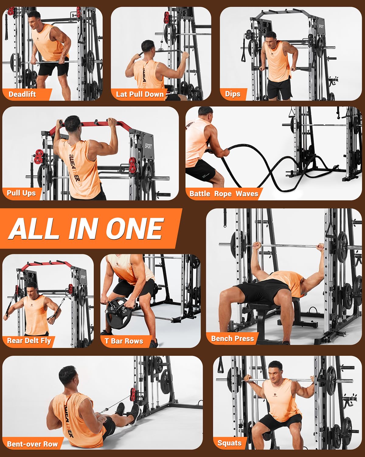 Smith Machine Home Gym 2200LBS Squat Rack Power Cage with LAT Pulldown, Cable Crossover System, Smith Bar, Leg Attachments, All in One Workout Equipment