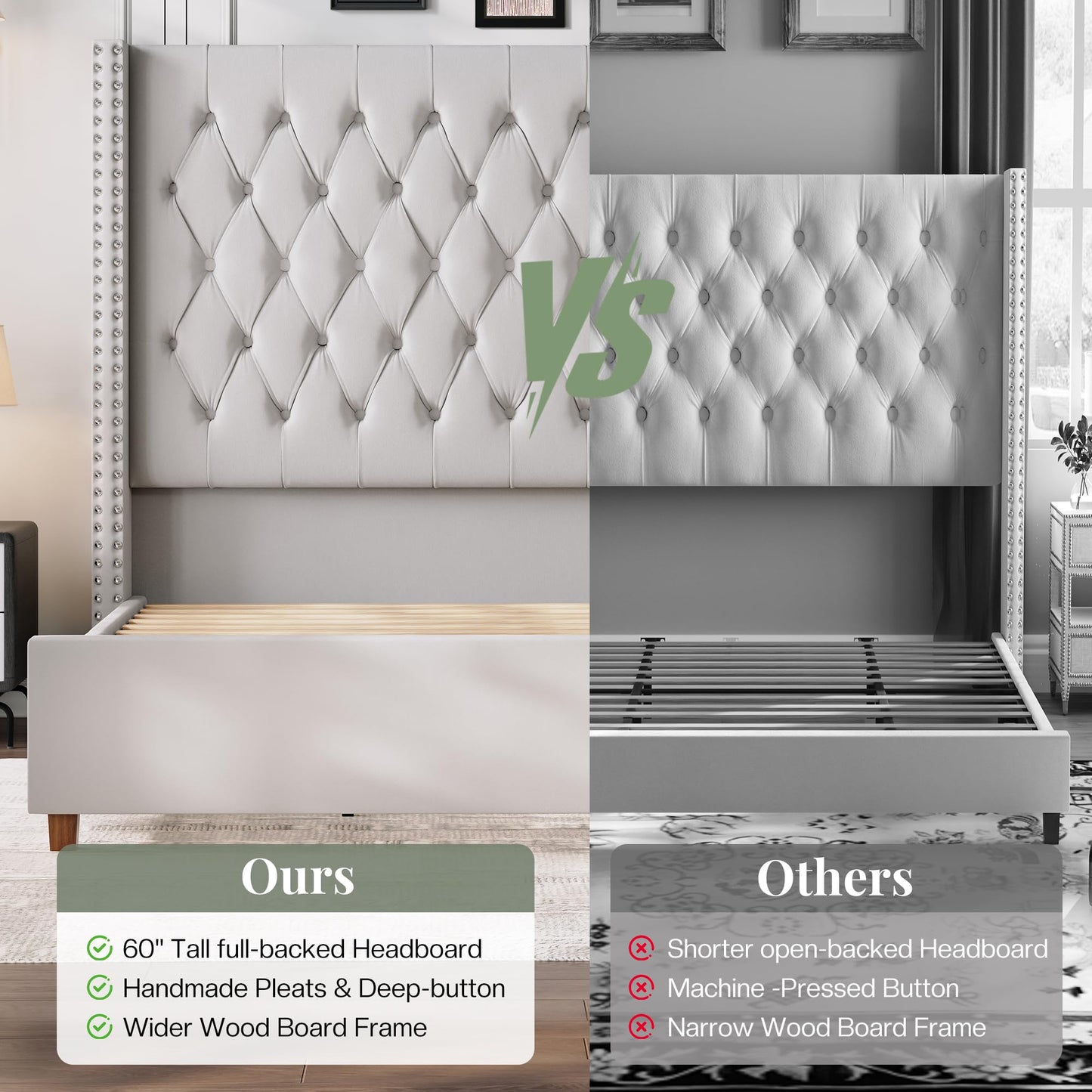 Jocisland King Size Bed Frame 61.4" Extra Tall Wingback Headboard Velvet Upholstered Deep Button Tufted Platform Bed with Solid Wood Legs & Wood Slats, No Box Spring Needed, Cream