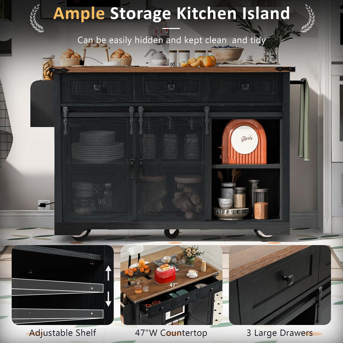 YOPTO Farmhouse Kitchen Island Cart With Power Outlet & 2 Sliding Barn Doors, Rolling Storage Island W/Drop Leaf Spice Rack and 5 Universal Wheels, for Home and Dining Room, Black, 53.7"