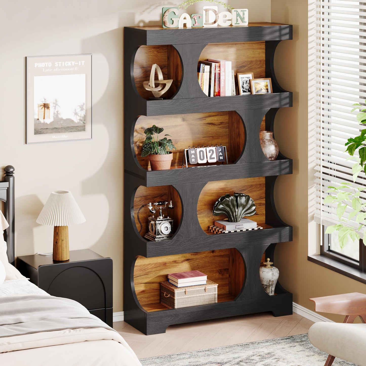 Tribesigns 71" Tall Bookcase, 4-Tier S-Shaped Bookshelf, Wood Decorative Storage Shelving, Modern Freestanding Display Shelves, Large Library Book Shelf Unit for Home Office Living Room, Black & Brown