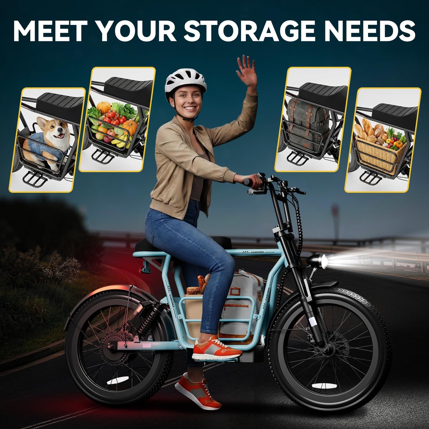 Caroma Electric Scooter for Adults with Seat Peak 1000W, 20" All-Terrain Fat Tire Electric Bike,Dual Shock Absorbing, 25 Miles & 20MPH Top Speed E-Scooter with Basket for Pet&Cargo,Blue