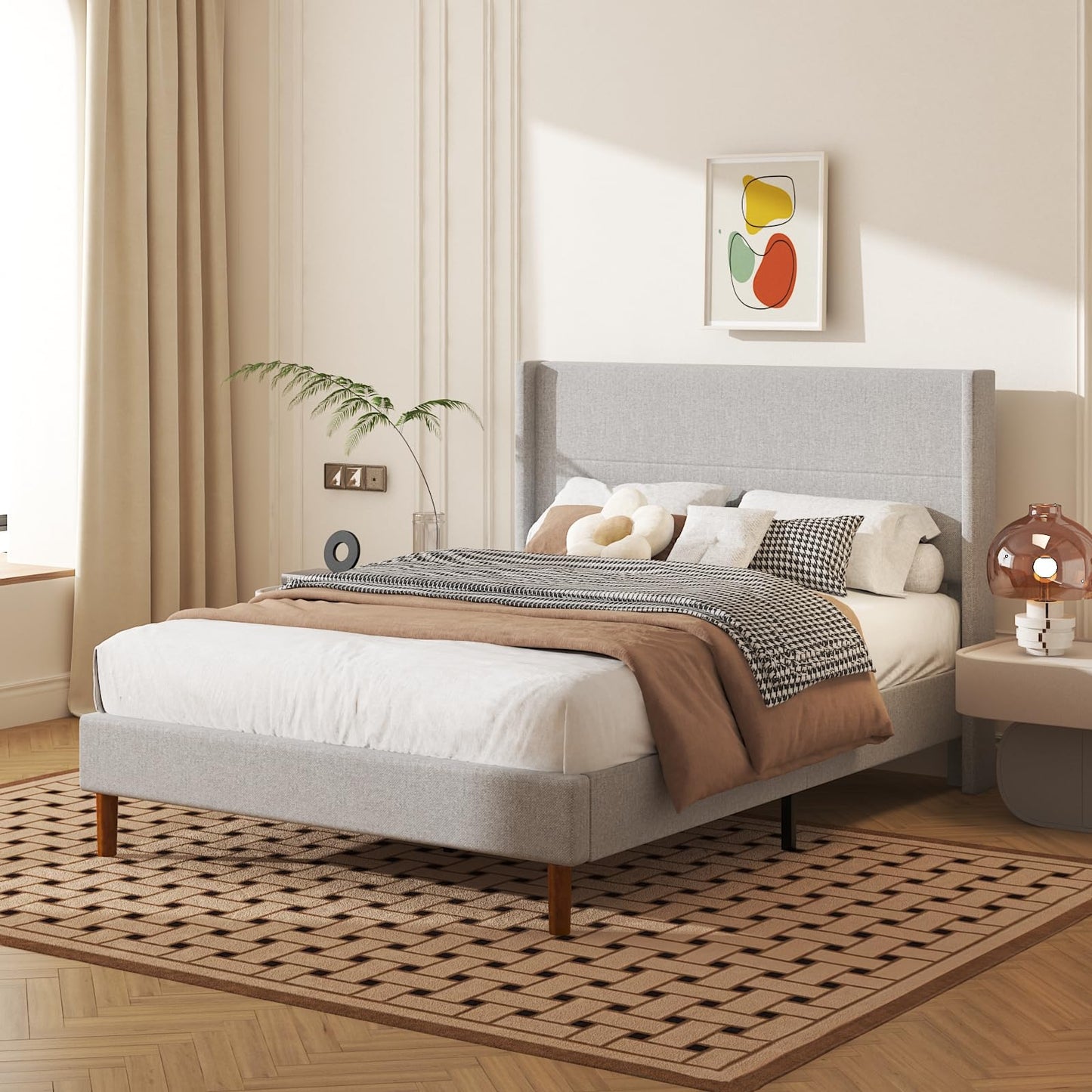 Mxhtcewz Full Size Bed Frame, Linen Upholstered Platform with Wingback Headboard, Wooden Slats Support, No Box Spring Needed, Easy Assembly, Lightgrey