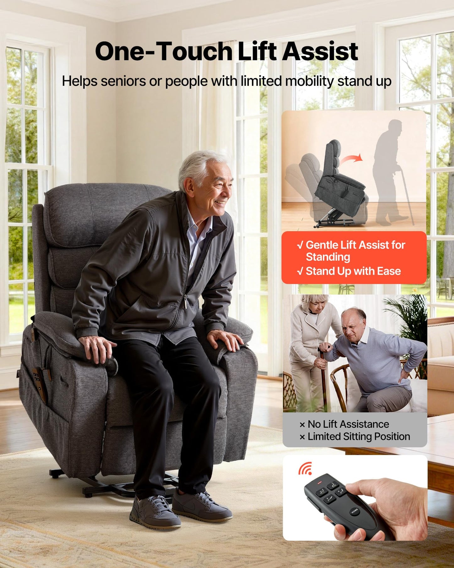 VEVOR Power Lift Recliner Chair, Dual Motor Lift Chair with Heat and Massage for Elderly, Position Adjustable, Remote Control, with Side Pockets, Chenille Fabric, Dark Gray