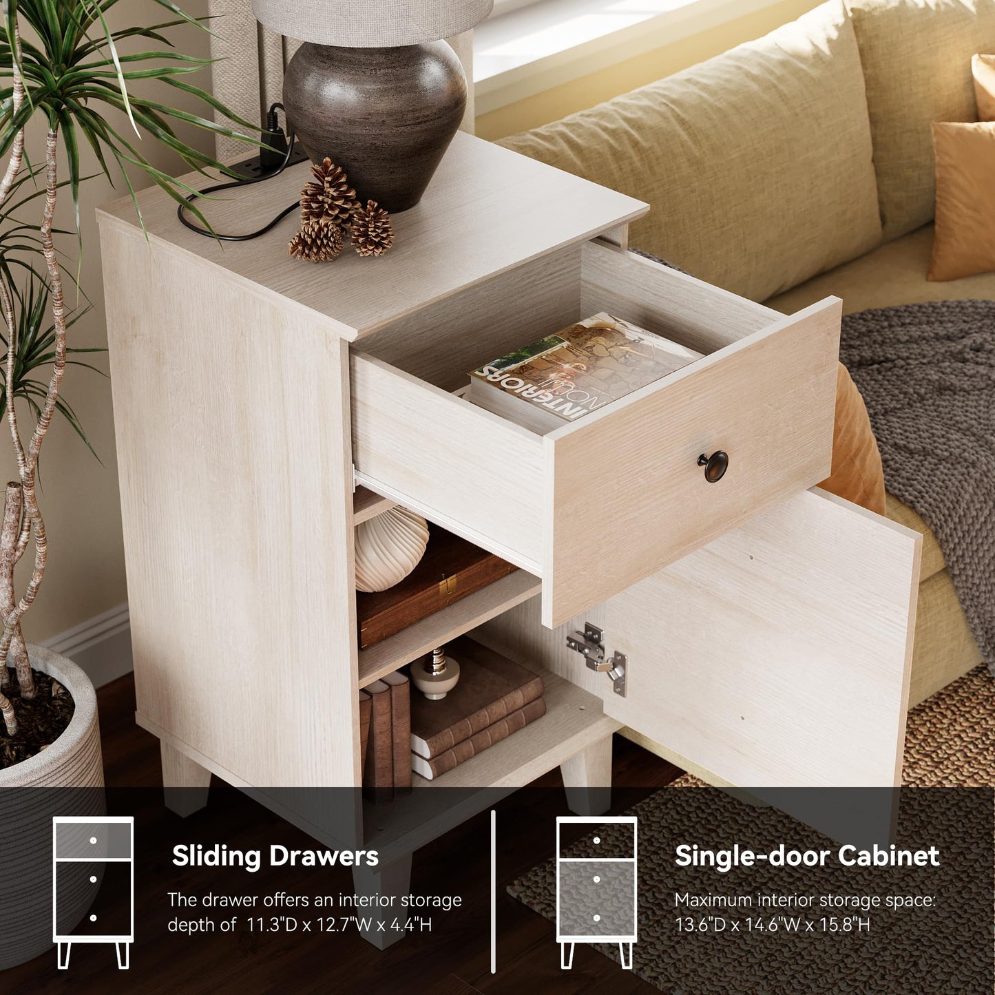 YOGRFA Modern Nightstand with Charging Station Set of 2 Drawer and Storage Cabinet End Table with Wood Leg for Bedroom Natural Wood Grain Beige