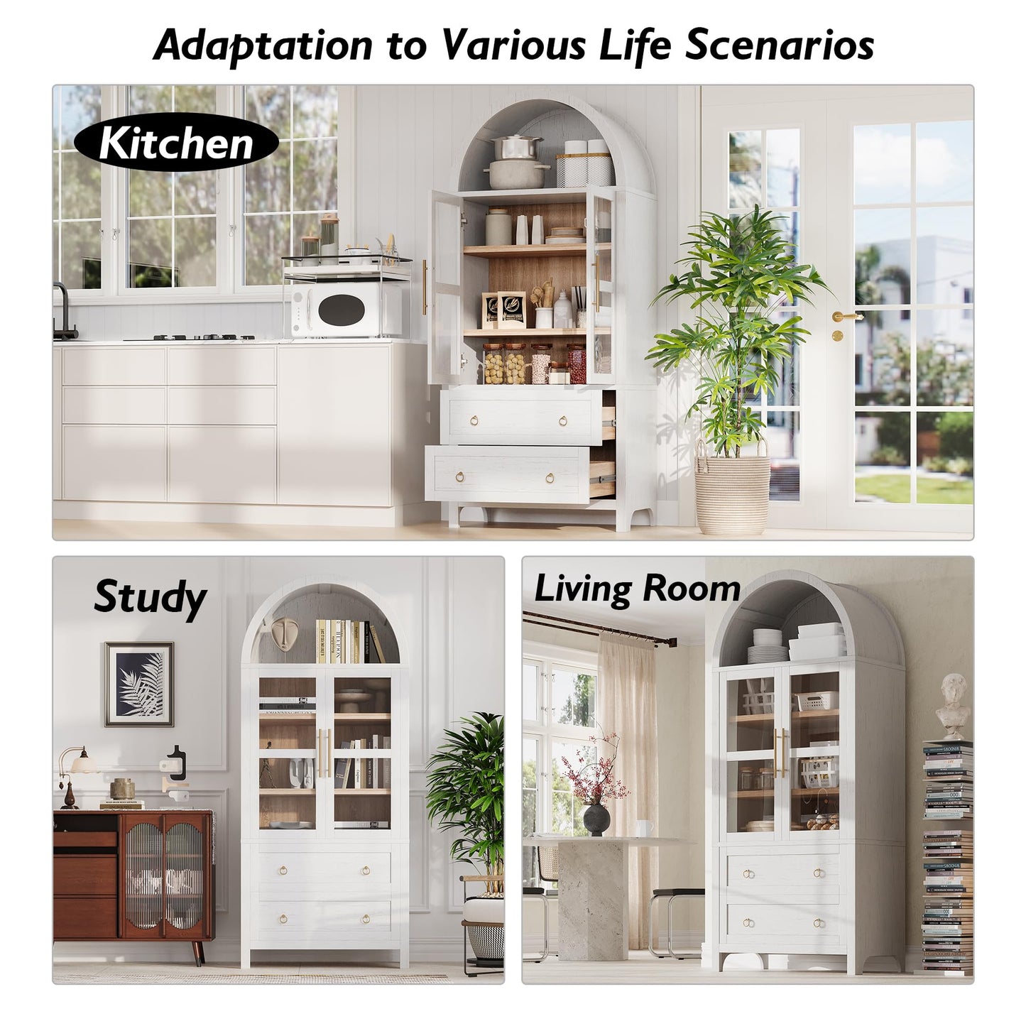 Merax 71" Tall Arched Bookcase with Glass Doors & 2 Drawers, Modern Farmhouse Storage Cabinet for Home Office, Living Room, Adjustable Shelves, Wood Bookshelf, White