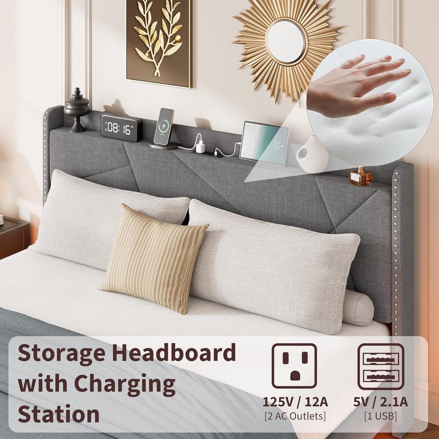 IDEALHOUSE Queen Size Floating Bed Frame with LED Lights & Charging Station – Upholstered Platform Bed with Storage Headboard, No Box Spring Needed, Easy Assembly, Grey