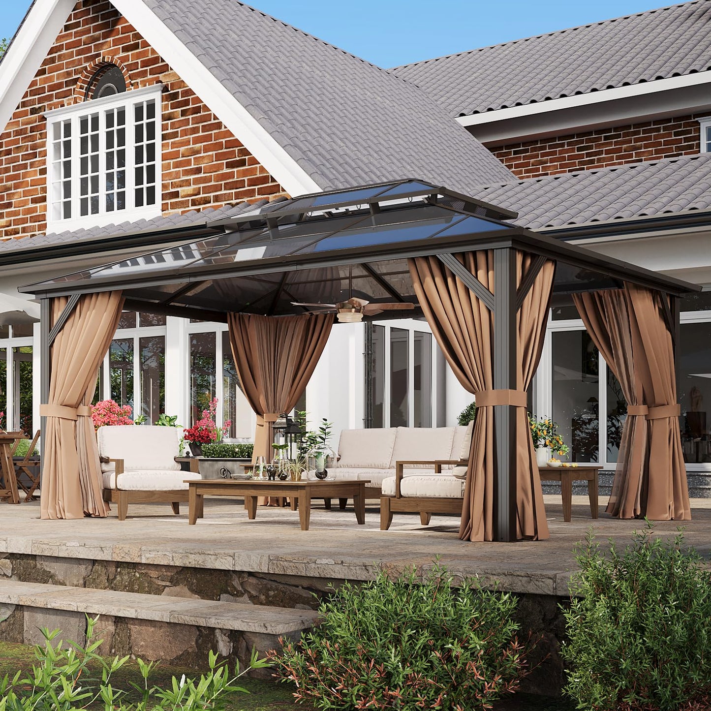 Aoxun 12'x16' Hardtop Gazebo, Outdoor Metal Gazebo with Double Polycarbonate Roof Canopy, Permanent Pavilion with Netting and Curtains for Lawn, Garden, Patio (Khaki)