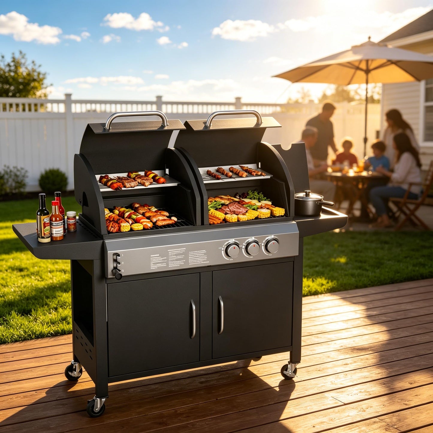 Charcoal and Propane Gas Grill Combo with Side Burner & Porcelain-Enameled Cast Iron Grate, 24,000 BTU Dual Fuel BBQ Grill for Backyard, Outdoor, Patio, Camping, 690 SQIN Cooking Area