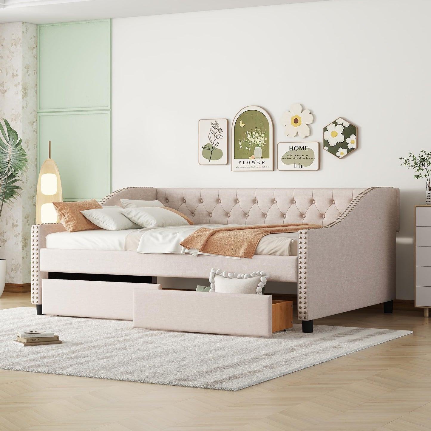 Daybed Frame Full Size with Storage 2 Drawers and Button Tufted, Upholstered Platform Bed, No Box Spring Needed