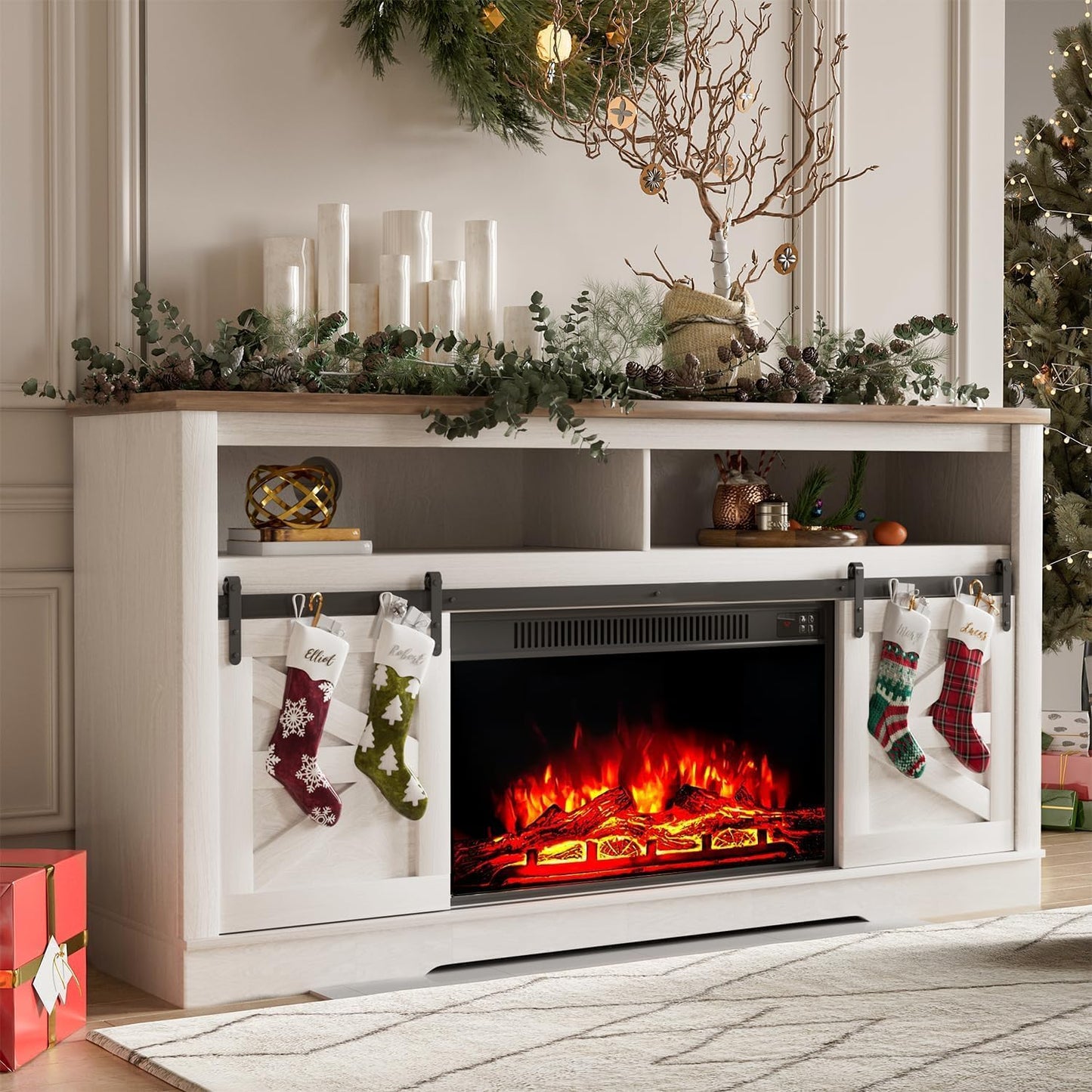 YESHOMY Fireplace TV Stand for Television up to 65+ Inch with Storage and Farmhouse Sliding Barn Doors, Entertainment Center with Cabinet and Shelves, Media Console for Living Room,Milk White