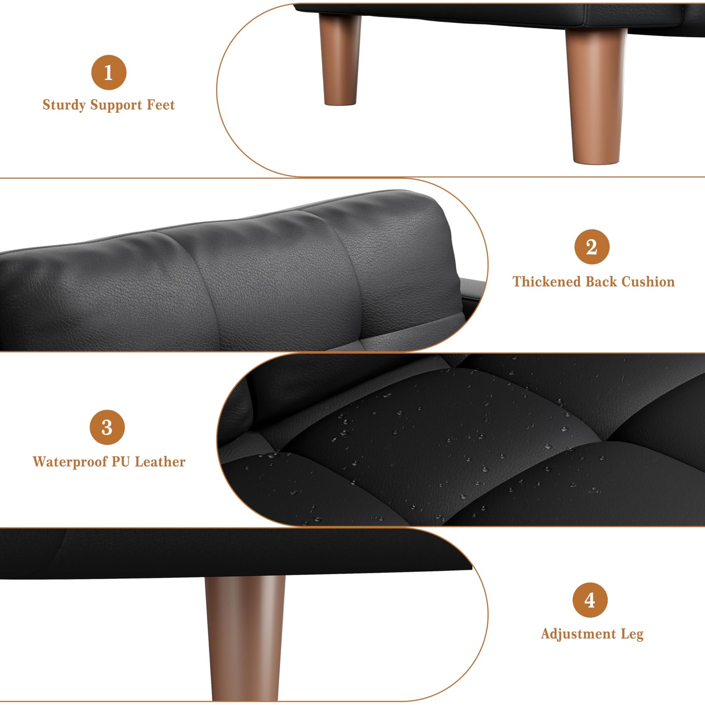 GarveeHome 3-Seater Sofa Couch, 83" Wide Faux Leather Sofa Couch with Spring Cushion, Modern Sofa with Deep Seats and 2 Removable Back Cushions, for Living Room, Apartment, Office, Modern Black