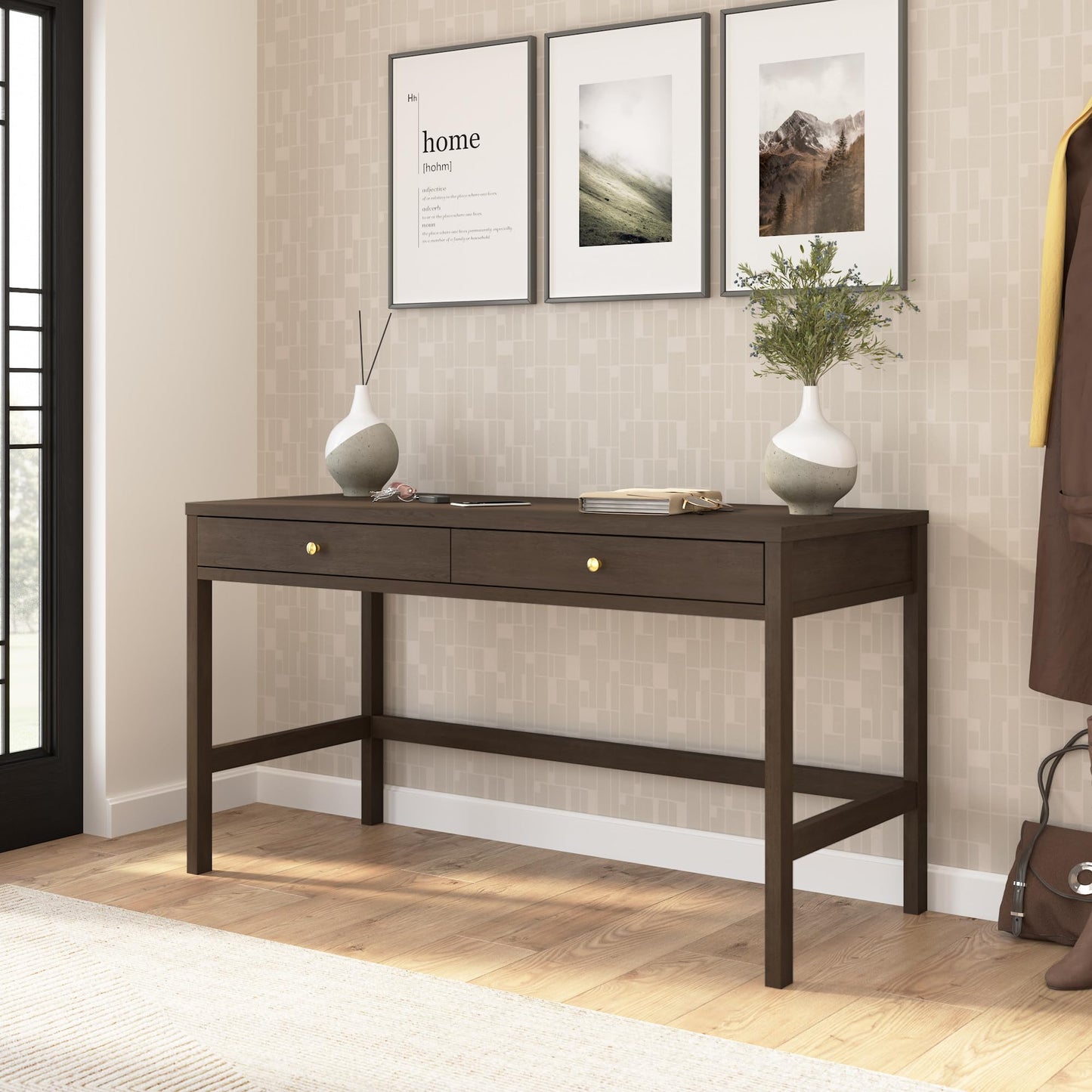 Bush Home 54-Inch Writing Desk with 2 Door Low Storage Cabinet, Computer Study Laptop Table Workstation, Drawers and Adjustable Shelves, Home Office Furniture Set, Avery Collection, Chocolate Birch