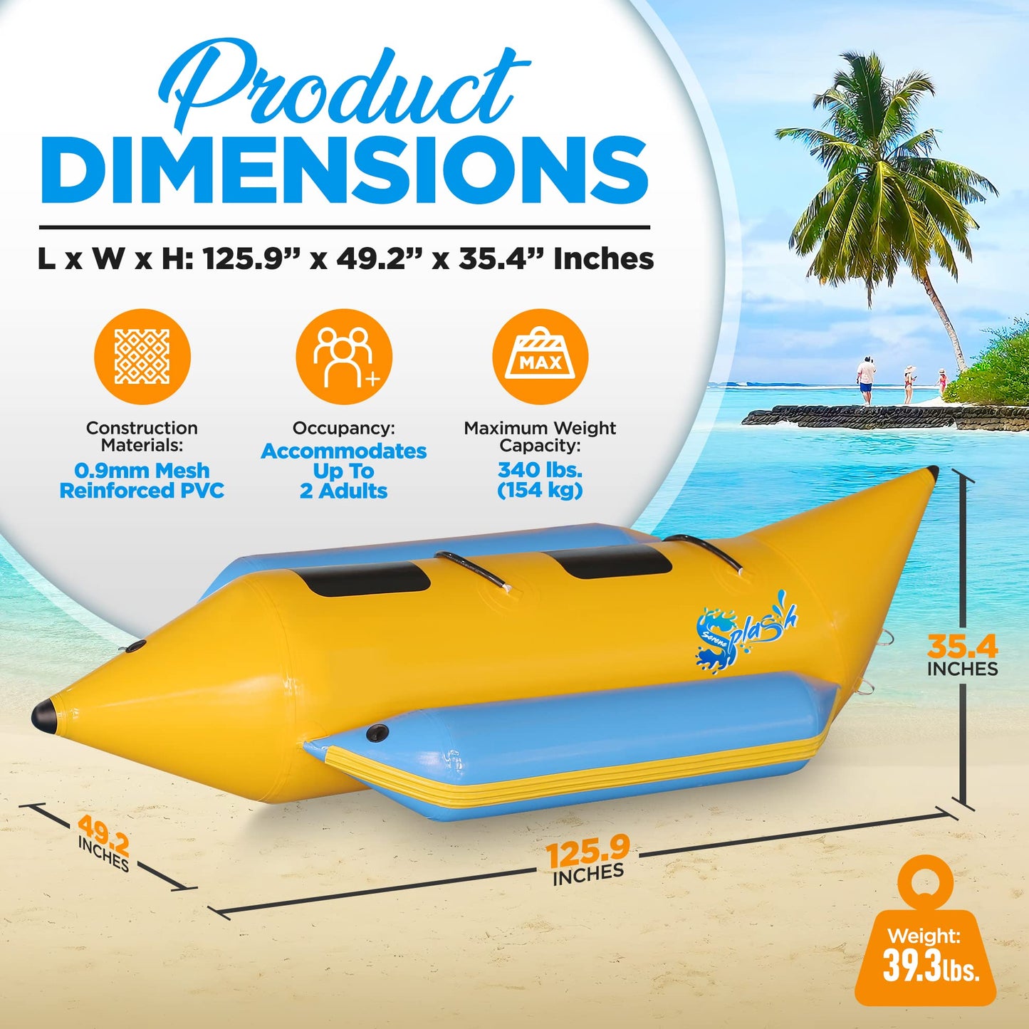 Jovial 2 Person Inflatable Banana Boat, Includes Storage Bag, Foot Pump, and Repair Kit, Tough and Thick, Reinforced Seats and Foot Areas, 340 Lbs Weight Capacity, Easy Inflation and Deflation