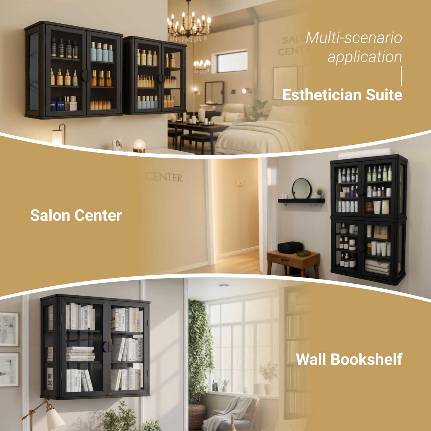 FIMELLO 56’’W Wall Cabinet with Tempered Glass Doors, Bathroom Cabinet Wall Mount, Kitchen Wall Cabinet, Floating Cabinet for Bathroom, Wall Mount Salon Station for Barber, Beauty, Black